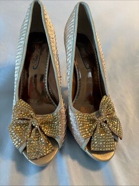 Poetic License Gold Quilted Peep-Toe Heels with Crystal Bow